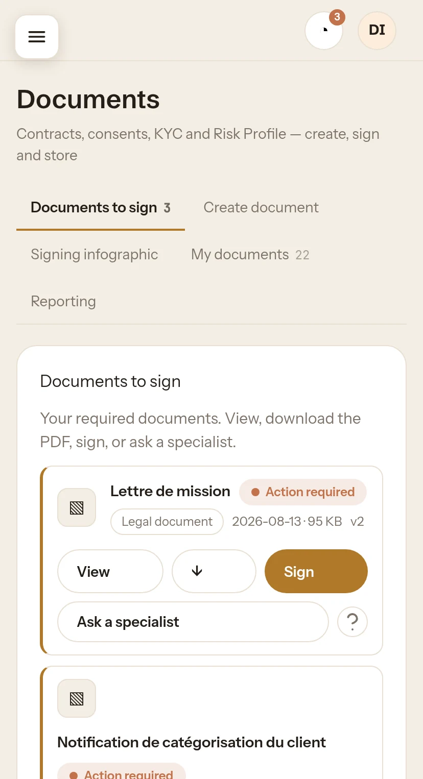 axplusb client app — documents to sign screen