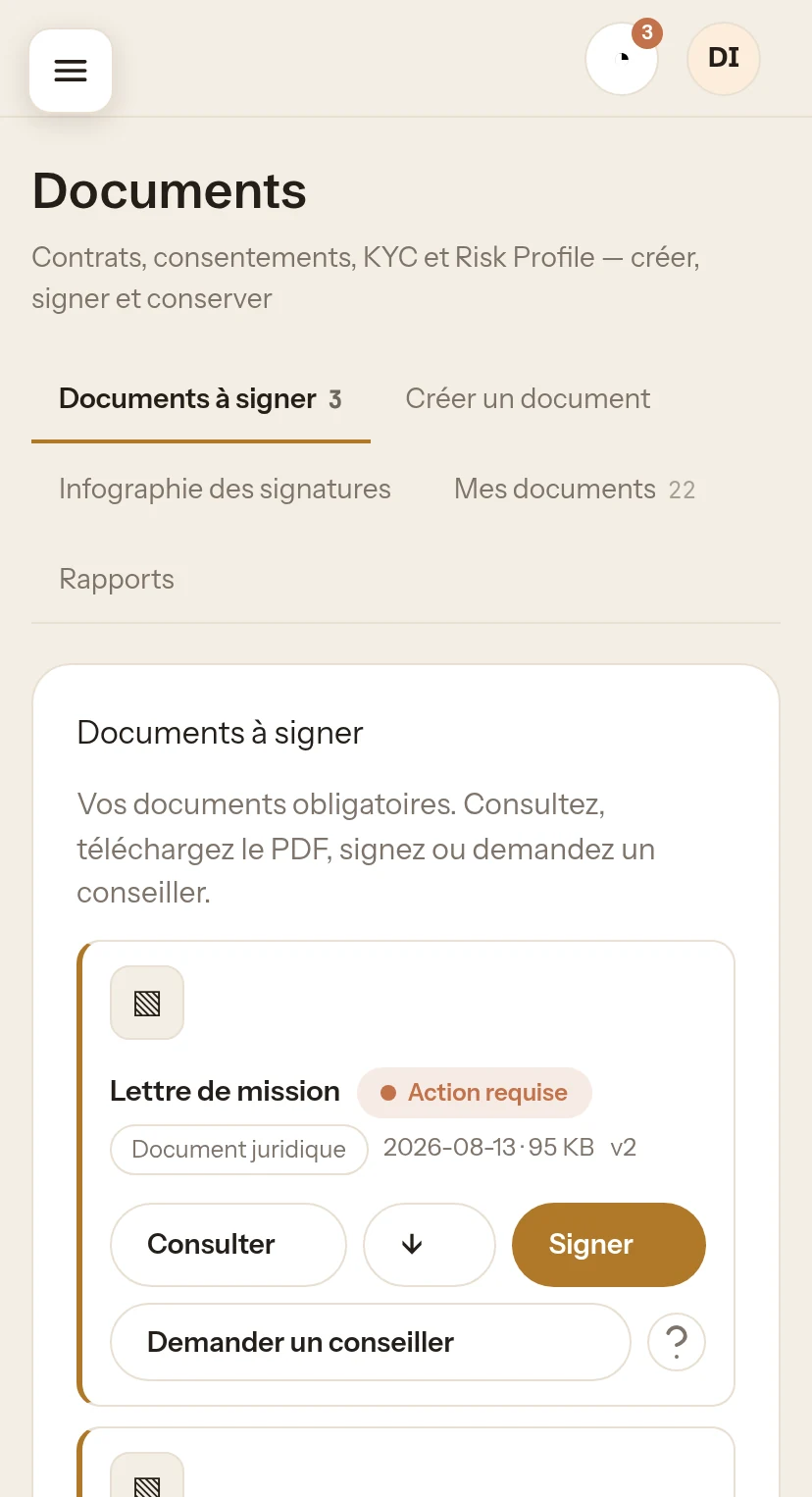 Application client axplusb — écran Documents à signer