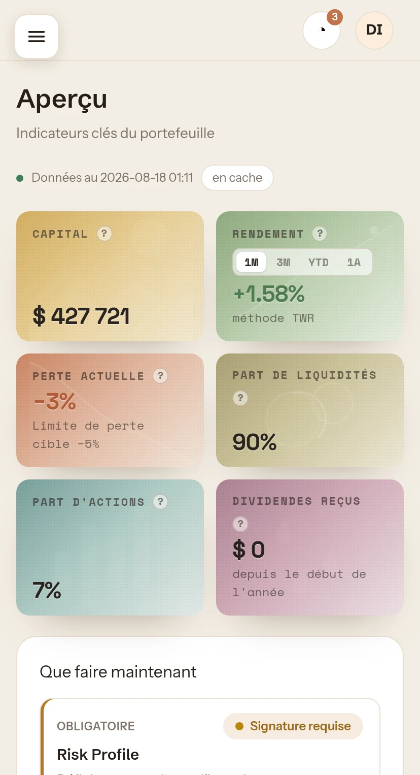 Application client axplusb — écran Aperçu du portefeuille