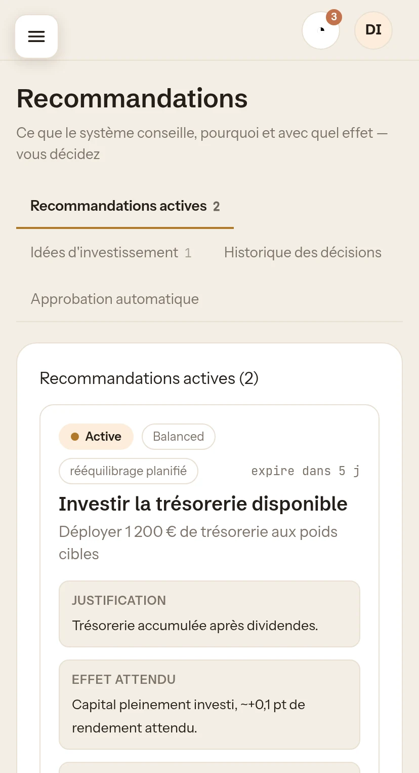 Application client axplusb — écran Recommandations d’investissement